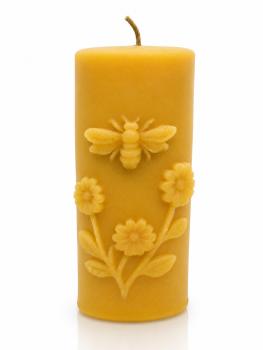 Stumpenkerze „Biene und Blüten“ aus Bienenwachs